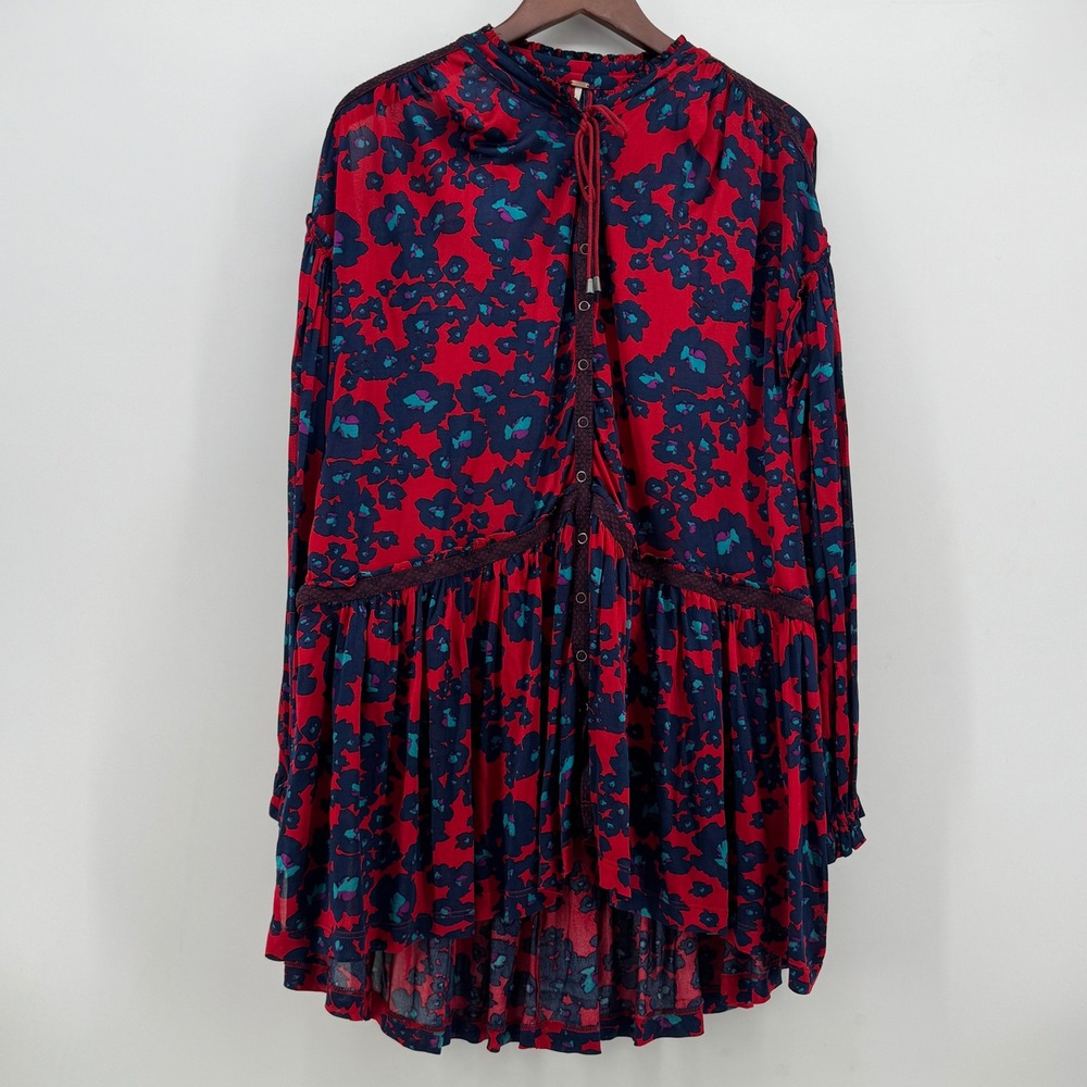 Free People Red Floral High-Low Boho Mini Dress Long Sleeve XS OB1005817